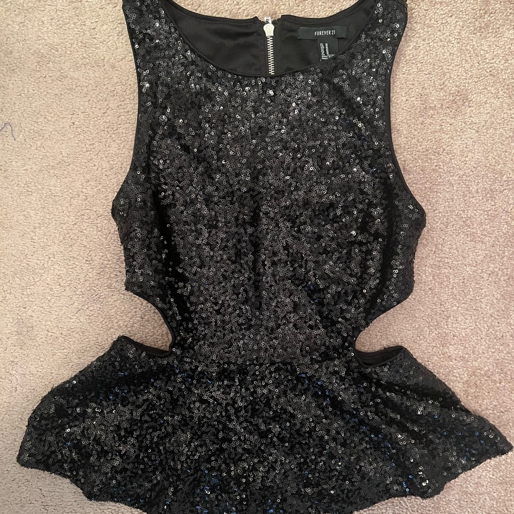 Forever 21 Black Sequin Cutout Peplum Top -Size M